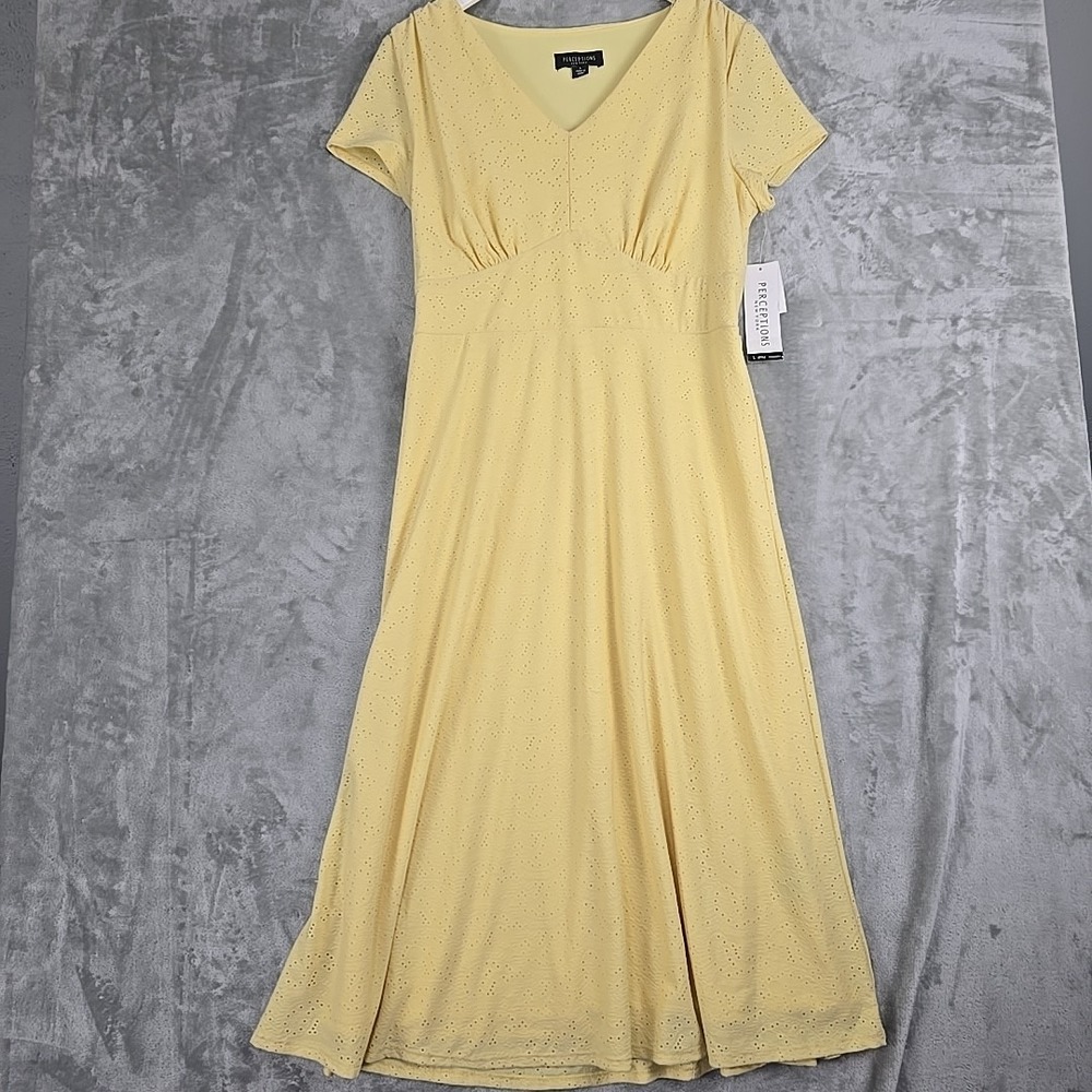 Perceptions Cottagecore Pointelle Midi Dress Large Yellow Fairy Empire Waist‎